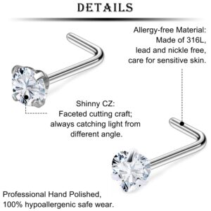 Kridzisw 18G Nose Rings Studs Piercing Jewelry for Women Stainless Surgical Steel Diamond Hypoallergenic Straight Stud Nose Nostril Ring Pin Bone Piercing Jewelry Pack Set for Women Men CZ Silver 3mm