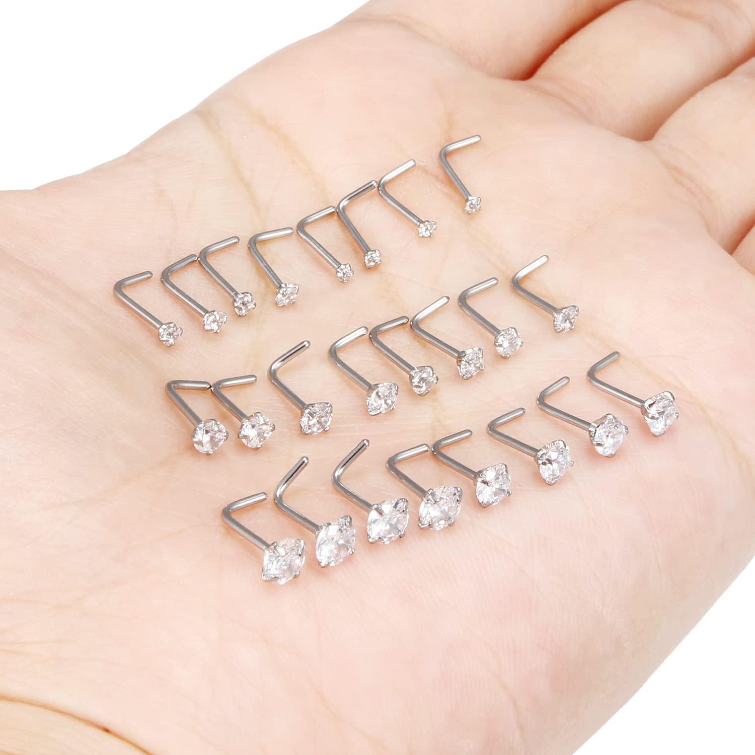 Kridzisw 20G Nose Rings Stud Piercing Jewelry for Women 20Gauge Stainless Surgical Steel Silver Stud Nose Ring L Shaped Bend Curved Nose Nostril Ring Stud Piercing Jewelry Men 1.5mm 2mm 2.5mm 3mm 4mm