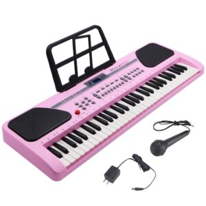 imeshbean kids 24'' electric keyboard piano 61 keys piano, electronic piano with microphone music keyboard piano for girls boys children (pink)