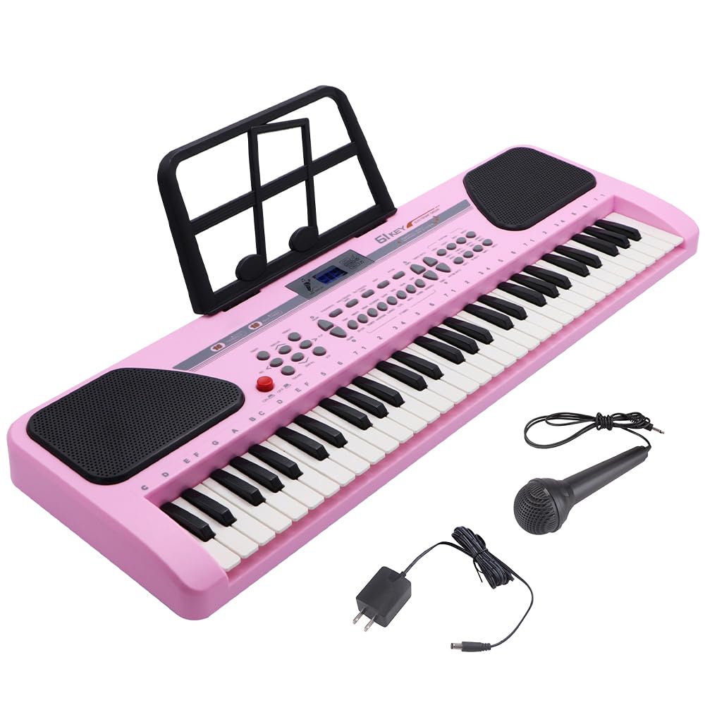 iMeshbean Kids 24'' Electric Keyboard Piano 61 Keys Piano, Electronic Piano with Microphone Music Keyboard Piano for Girls Boys Children (Pink)