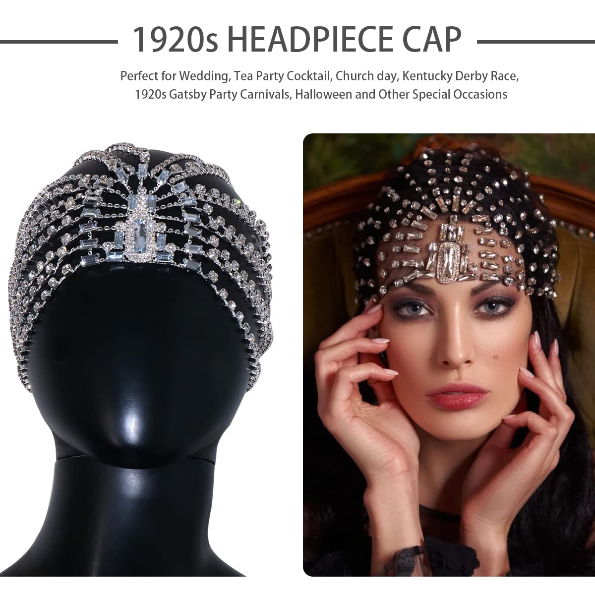 STONEFANS 1920s Crystal Flapper Headpiece Cap for women Bridal Rhinestone Mesh Headband Cleopatra Costume Hair Accessories (Silver)