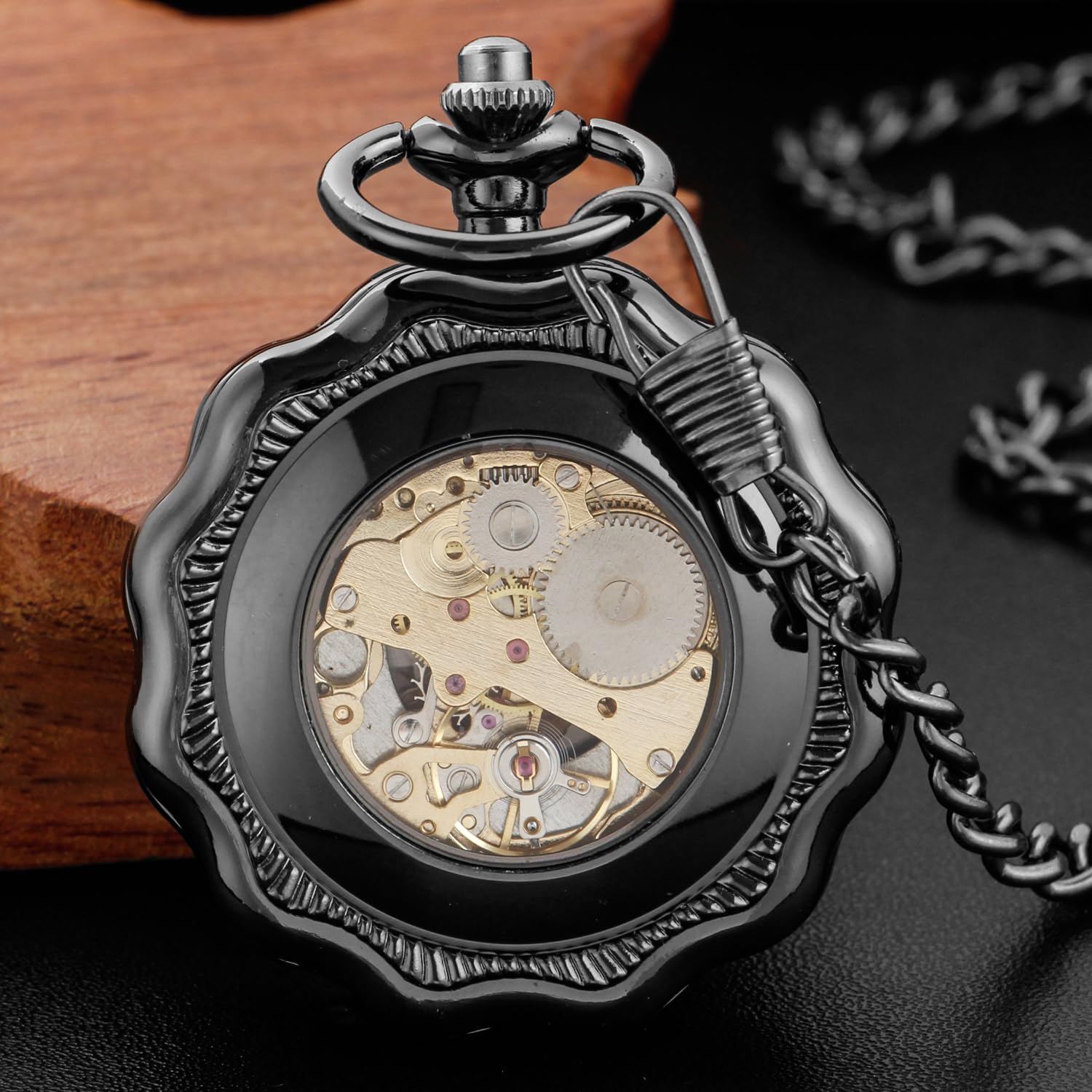 Realpoo Black Irregular Men's Mechanical Pocket Watch, Hollow Black Roman Dial Necklace Mechanical Pocket Watch for Men