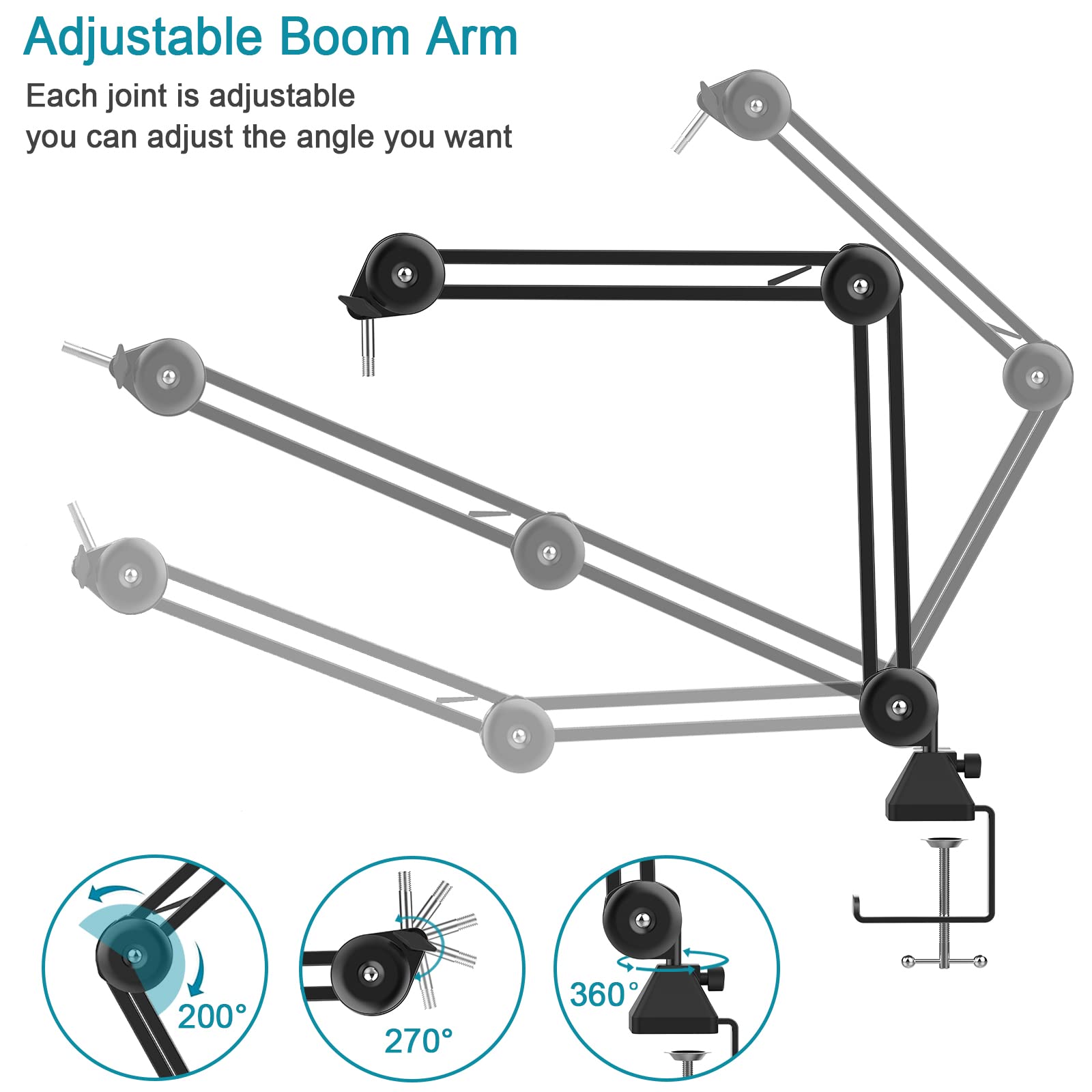 Boom Arm, Aveek Foldable Desktop Mic Boom Arm Fully Adjustable Scissor 360°Rotatable Microphone Arm Stand with Desk Mount Microphone Clip 3/8" - 5/8" Adapter for Blue Yeti Snowball HyperX QuadCast