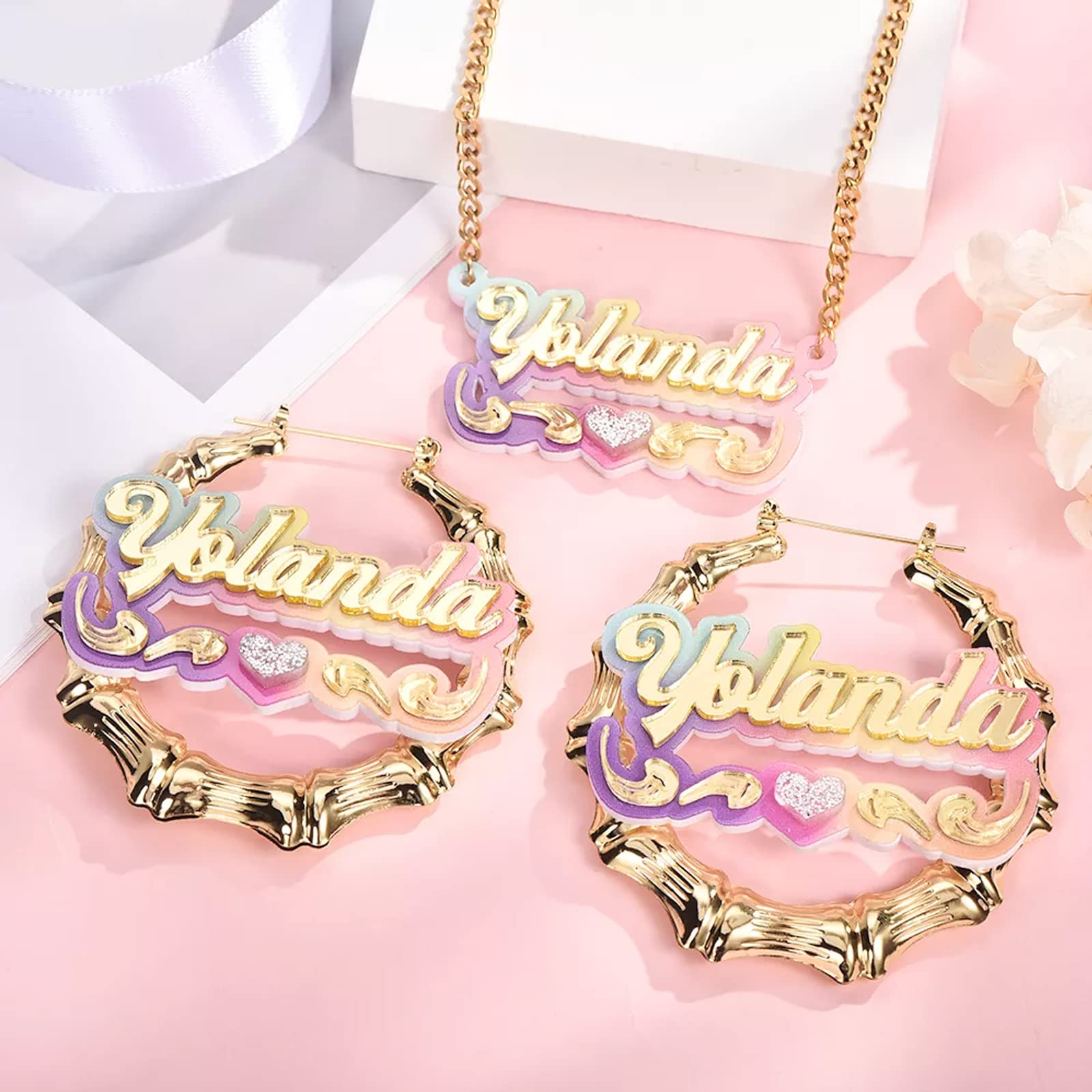 Gemiac Custom Name Necklace Personalized Name Earrings Double Plated Name Necklace with Heart Acrylic 18K Gold Plated Nameplate Necklace Jewelry Gift for Women