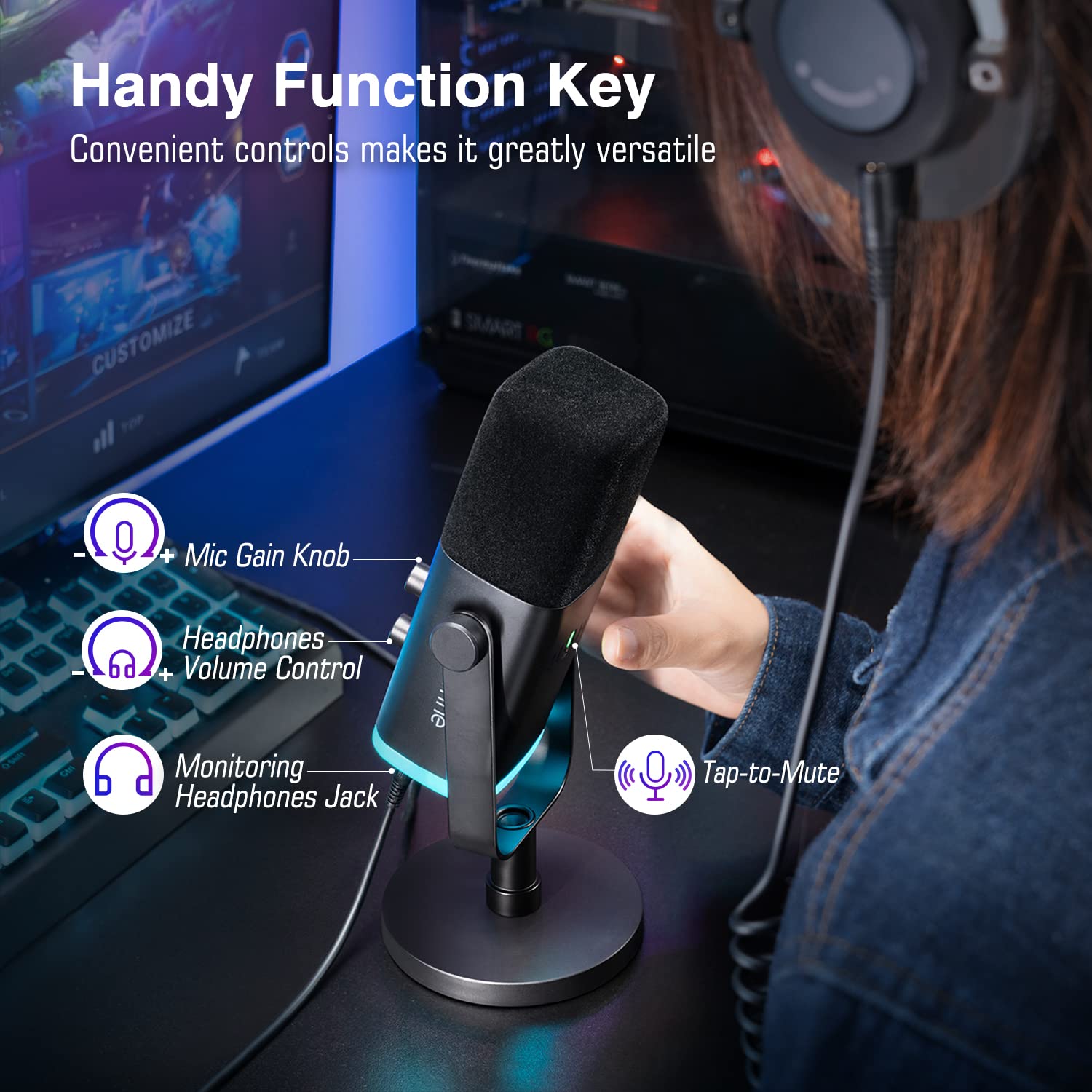 FIFINE XLR/USB Dynamic Microphone for Podcast Recording, PC Computer Gaming Streaming Mic with RGB Light, Mute Button, Headphones Jack, Desktop Stand, Vocal Mic for Singing YouTube-AmpliGame AM8