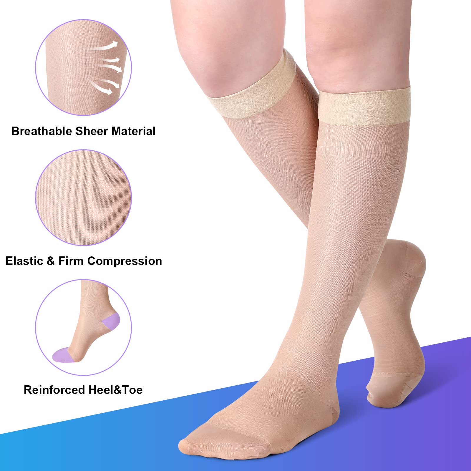 Shellwei 3 Pairs Sheer Compression Socks 20-30 mmHg Sheer Compression Stockings Graduated Compression Socks 20-30 mmHg Knee High Compression Socks for Women Swelling Edema (Nude, Large)