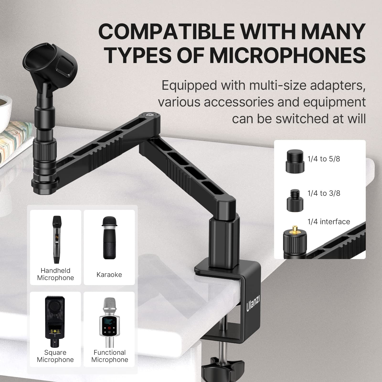 ULANZI LS26 Low Profile Mic Arm, Aluminum 360° Rotatable Foldable Microphone Low Arm Desk Mount for Podcast/Streaming/Gaming/Radio Studio w Mic Clip 1/4" 3/8" 5/8" Screw for Most Mics