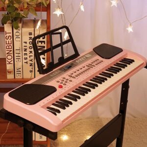 iMeshbean Kids 24'' Electric Keyboard Piano 61 Keys Piano, Electronic Piano with Microphone Music Keyboard Piano for Girls Boys Children (Pink)