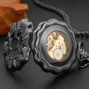 Realpoo Black Irregular Men's Mechanical Pocket Watch, Hollow Black Roman Dial Necklace Mechanical Pocket Watch for Men