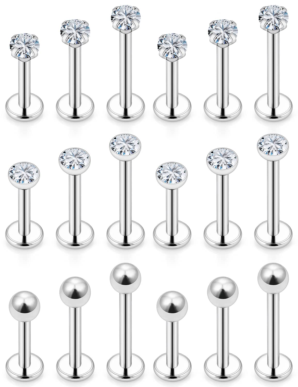 Ftovosyo 16G Medusa Piercing Jewelry Surgical Steel Labret Jewelry 6mm 8mm 10mm Length Snake Bite Ashley Lip Rings Studs Conch Helix Tragus Earring for Women Men 18Pcs Silver-tone