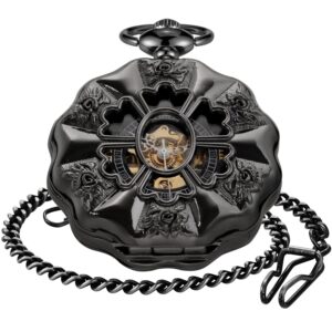 Realpoo Black Irregular Men's Mechanical Pocket Watch, Hollow Black Roman Dial Necklace Mechanical Pocket Watch for Men