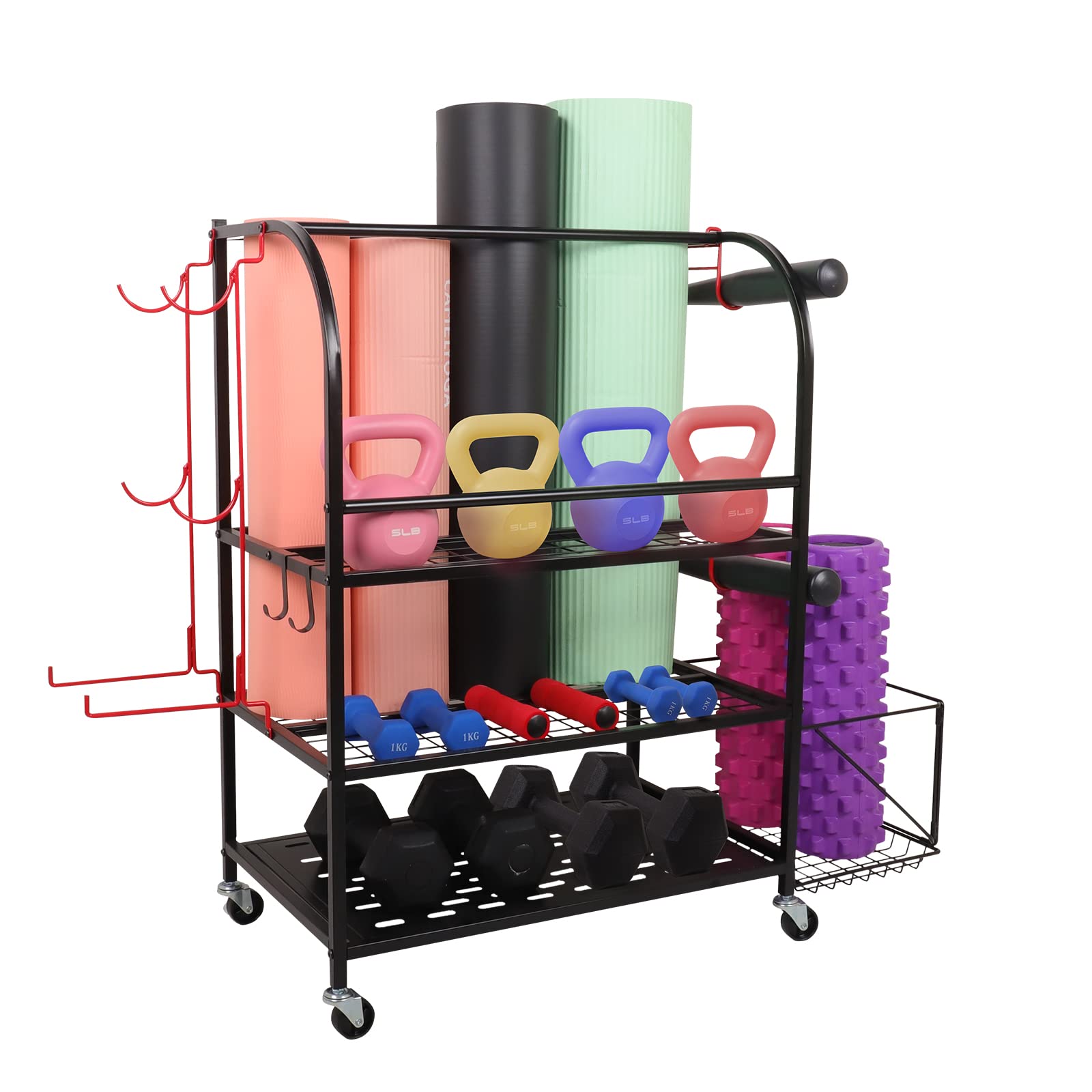 RM FOLD ART Weight Rack for Dumbbells, Yoga Mat Holder Dummbbells Rack for Kettlebells Foam Rollers and More Gym Accessories, Home Gym Equipment Storage Organizer with Wheels and Basket