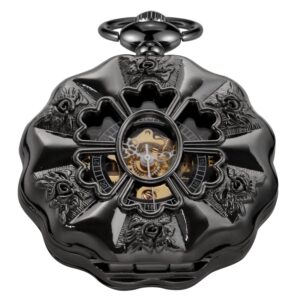 realpoo black irregular men's mechanical pocket watch, hollow black roman dial necklace mechanical pocket watch for men