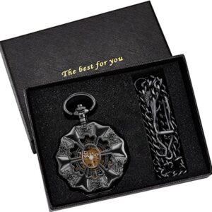 Realpoo Black Irregular Men's Mechanical Pocket Watch, Hollow Black Roman Dial Necklace Mechanical Pocket Watch for Men