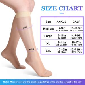 Shellwei 3 Pairs Sheer Compression Socks 20-30 mmHg Sheer Compression Stockings Graduated Compression Socks 20-30 mmHg Knee High Compression Socks for Women Swelling Edema (Nude, Large)