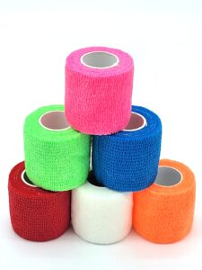 self adhesive bandage wrap 2 inch x 5 yards - breathable athletic cohesive bandage for sports injury, ankle, knee and wrist sprains (pack of 6, neon rainbow)