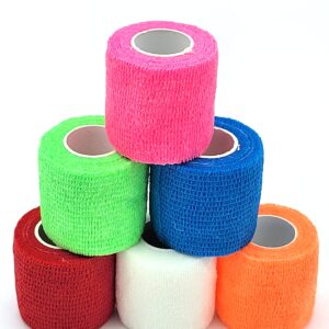 Self Adhesive Bandage Wrap 2 Inch x 5 Yards - Breathable Athletic Cohesive Bandage for Sports Injury, Ankle, Knee and Wrist Sprains (Pack of 6, Neon Rainbow)