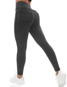 vooveeya jeggings for women high waist, leggings with pockets tummy control plus size stretchy jeans leggings 7/8 (charcoal-xl)