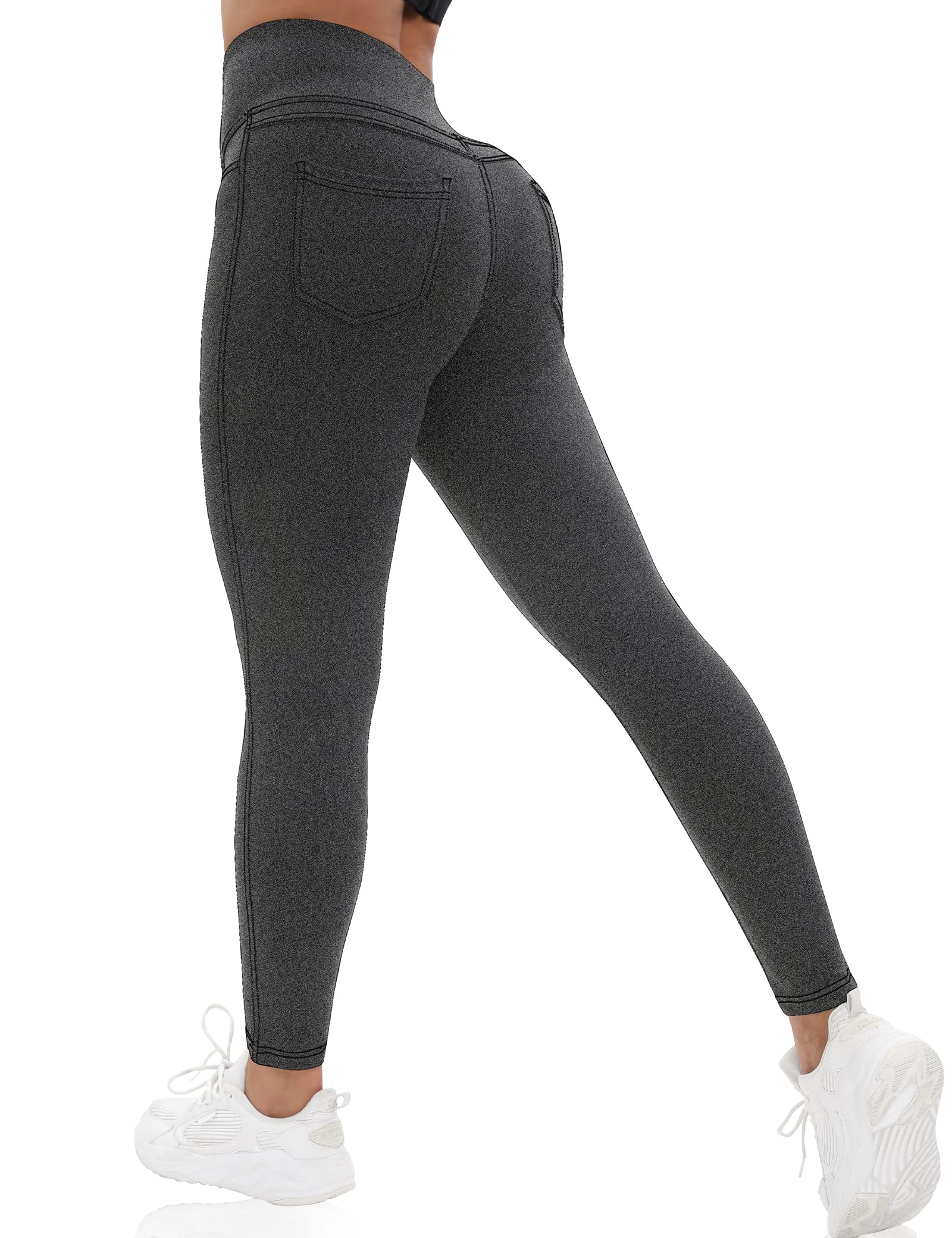 VOOVEEYA Jeggings for Women High Waist, Leggings with Pockets Tummy Control Plus Size Stretchy Jeans Leggings 7/8 (Charcoal-XL)