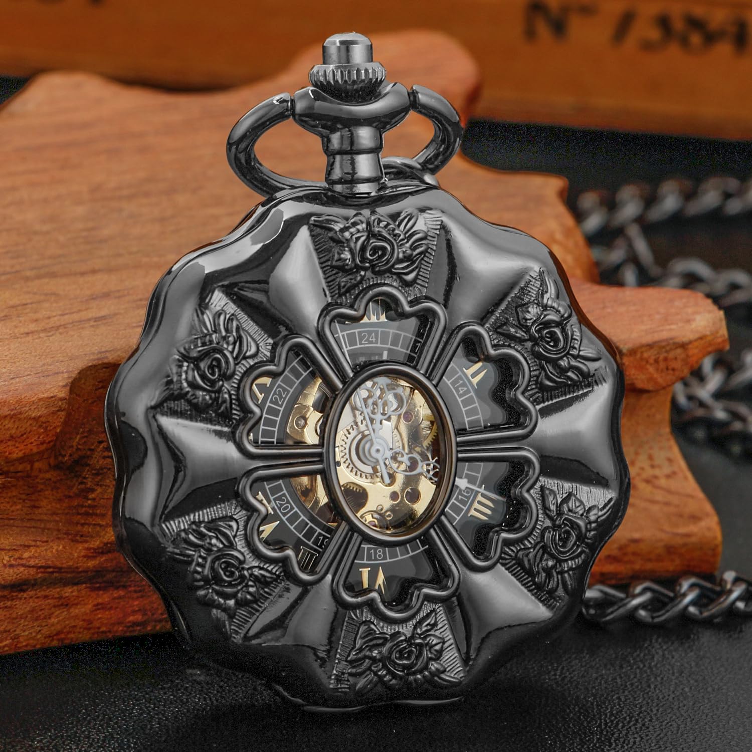 Realpoo Black Irregular Men's Mechanical Pocket Watch, Hollow Black Roman Dial Necklace Mechanical Pocket Watch for Men