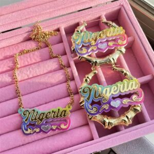 Gemiac Custom Name Necklace Personalized Name Earrings Double Plated Name Necklace with Heart Acrylic 18K Gold Plated Nameplate Necklace Jewelry Gift for Women