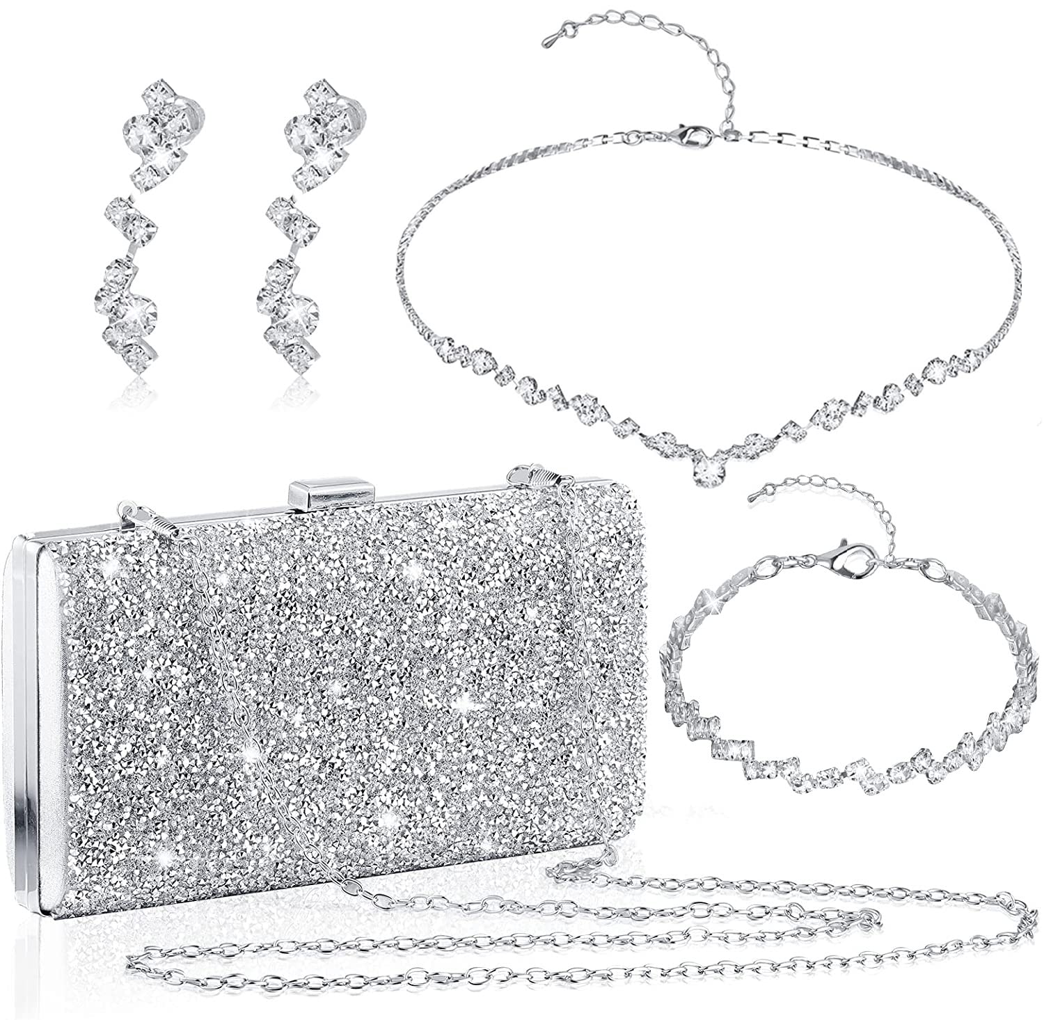 stablerice 4 Pieces Silver Clutch Purses Bag for Women Evening Rhinestone Jewelry Set Bling Necklace Earrings Bracelets Set for Wedding (Stylish Style)