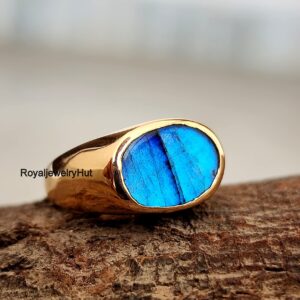 Flat Natural Labradorite Ring, Copper Ring, 925 Solid Sterling Silver Ring, Engagement Ring, Promise Ring, Blue Gemstone Ring, Oval Shape Horizontal Ring (Copper, 9.5)