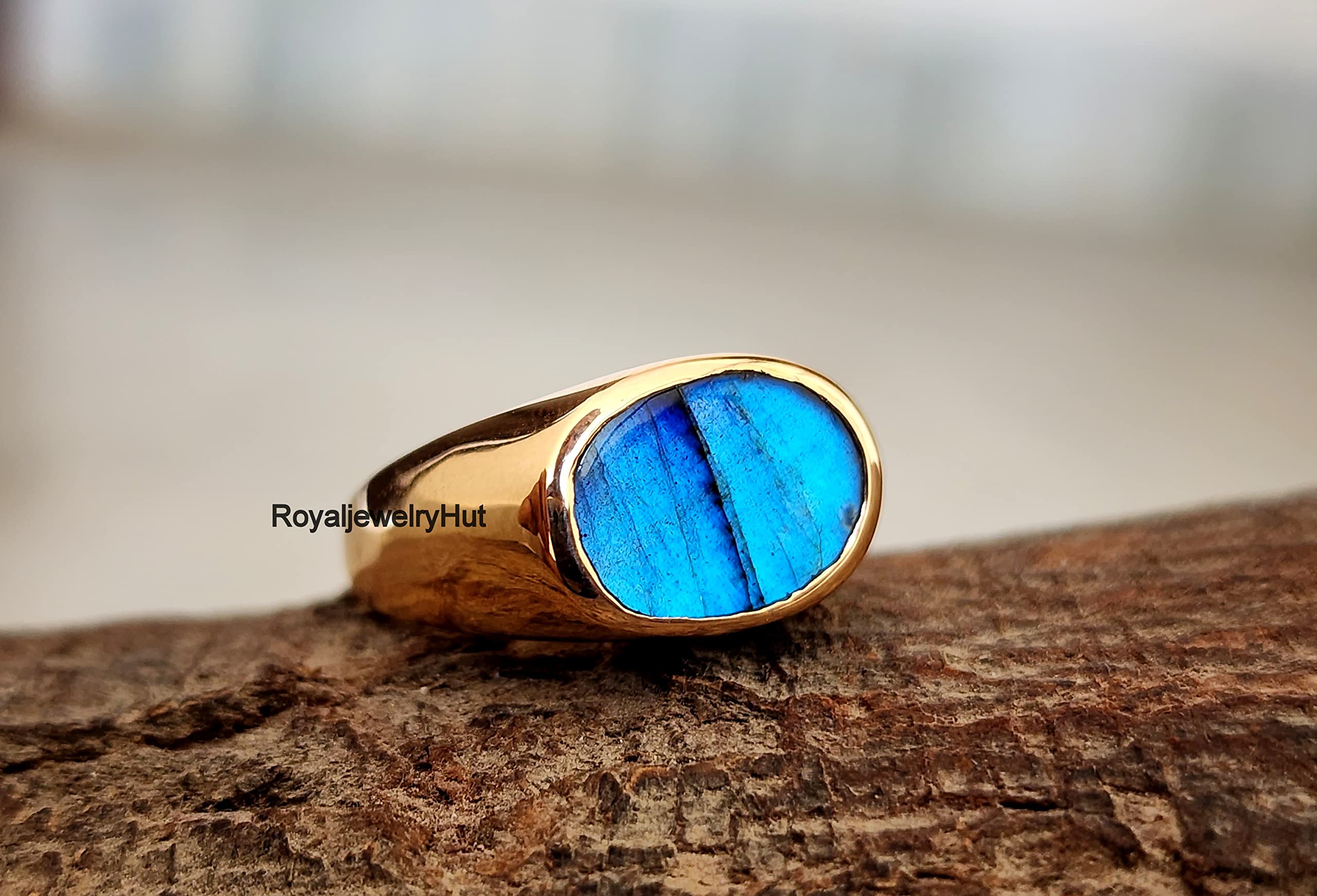 Flat Natural Labradorite Ring, Copper Ring, 925 Solid Sterling Silver Ring, Engagement Ring, Promise Ring, Blue Gemstone Ring, Oval Shape Horizontal Ring (Copper, 9.5)