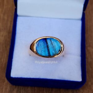 Flat Natural Labradorite Ring, Copper Ring, 925 Solid Sterling Silver Ring, Engagement Ring, Promise Ring, Blue Gemstone Ring, Oval Shape Horizontal Ring (Copper, 9.5)