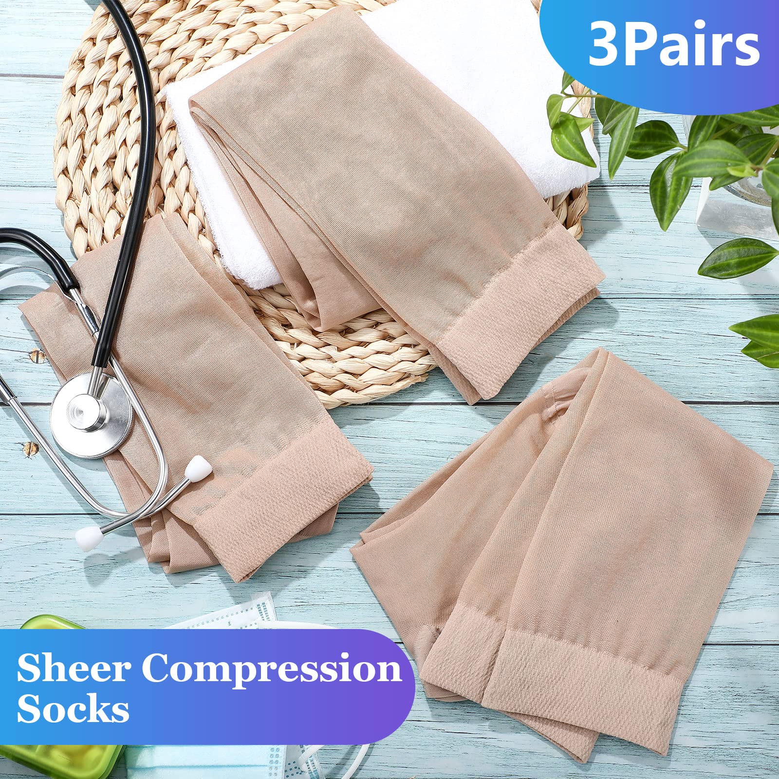 Shellwei 3 Pairs Sheer Compression Socks 20-30 mmHg Sheer Compression Stockings Graduated Compression Socks 20-30 mmHg Knee High Compression Socks for Women Swelling Edema (Nude, Large)