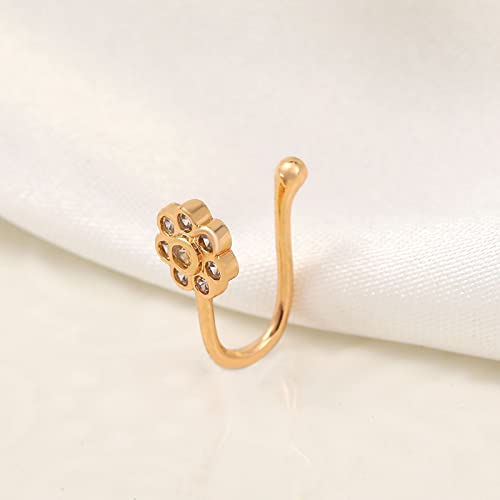 Zeshimb Crystal Flower Nose Ring Gold Fake Septum Nose Rings Cz Flower Nose Cuff Tiny Flower Nose Rings Studs U Shaped Clip on Nose Stud Jewelry for Women and Girls