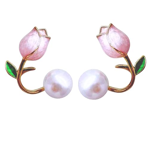 Tulip Pearl Stud Earrings Jewelry 14K Gold Plated Oil Drop Pearl Pink Flower Earrings Women by EONLINE