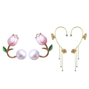 Tulip Pearl Stud Earrings Jewelry 14K Gold Plated Oil Drop Pearl Pink Flower Earrings Women by EONLINE