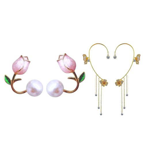 Tulip Pearl Stud Earrings Jewelry 14K Gold Plated Oil Drop Pearl Pink Flower Earrings Women by EONLINE