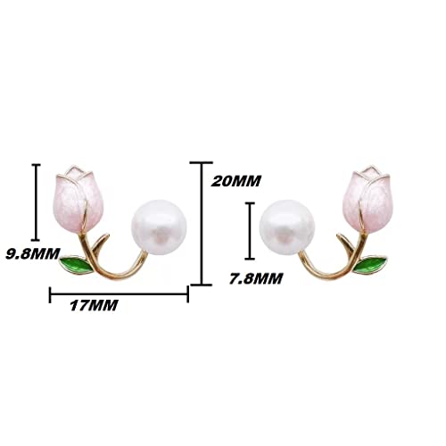 Tulip Pearl Stud Earrings Jewelry 14K Gold Plated Oil Drop Pearl Pink Flower Earrings Women by EONLINE