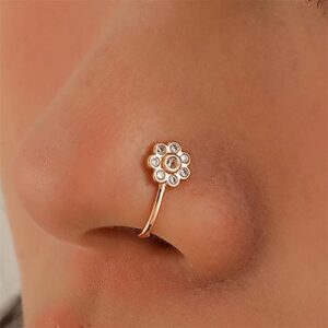 zeshimb crystal flower nose ring gold fake septum nose rings cz flower nose cuff tiny flower nose rings studs u shaped clip on nose stud jewelry for women and girls