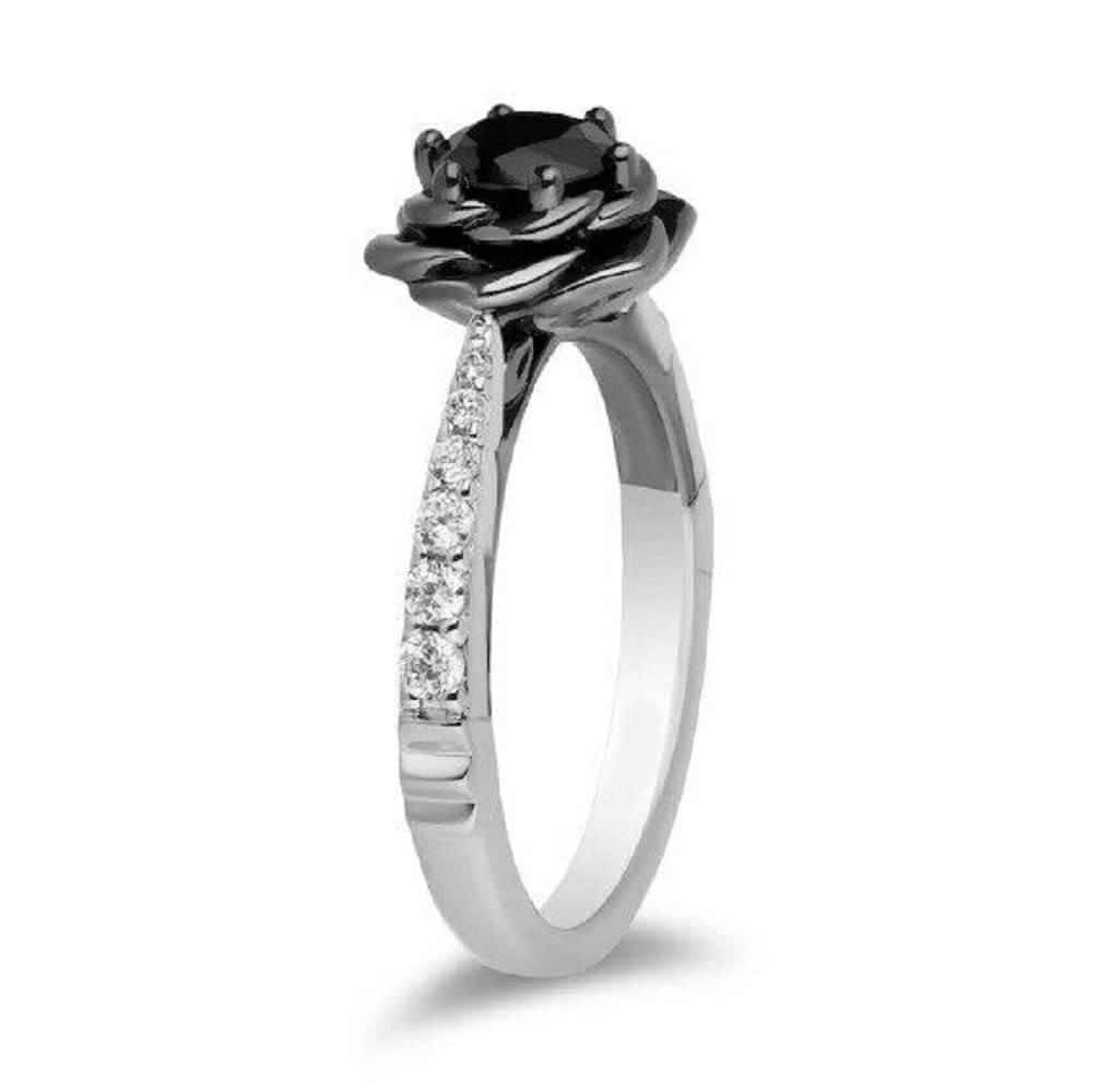 Palaksh Round Cut Black & White Diamond in 14K White Gold Over 925 Sterling Silver Diamond Black Rose Enchanted Engagement Ring for Women