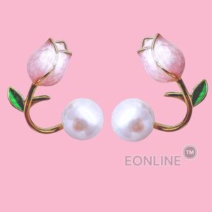 Tulip Pearl Stud Earrings Jewelry 14K Gold Plated Oil Drop Pearl Pink Flower Earrings Women by EONLINE