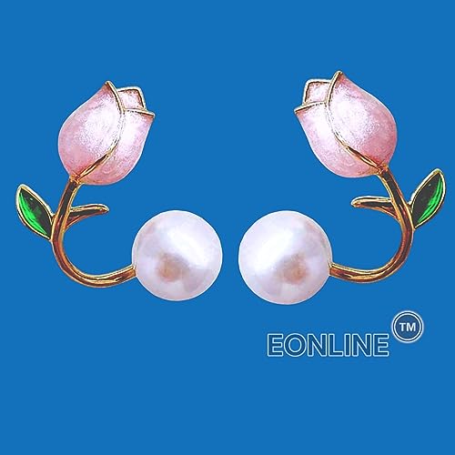 Tulip Pearl Stud Earrings Jewelry 14K Gold Plated Oil Drop Pearl Pink Flower Earrings Women by EONLINE