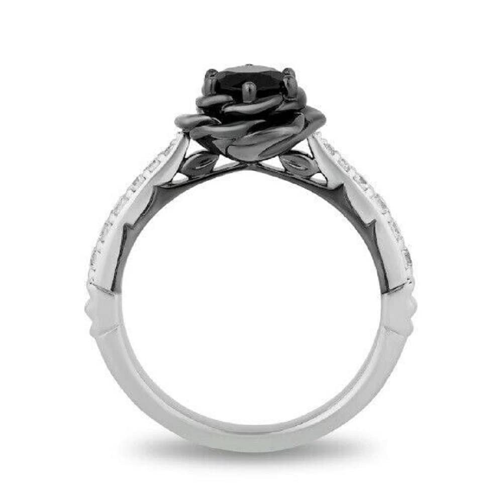 Palaksh Round Cut Black & White Diamond in 14K White Gold Over 925 Sterling Silver Diamond Black Rose Enchanted Engagement Ring for Women