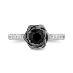 Palaksh Round Cut Black & White Diamond in 14K White Gold Over 925 Sterling Silver Diamond Black Rose Enchanted Engagement Ring for Women