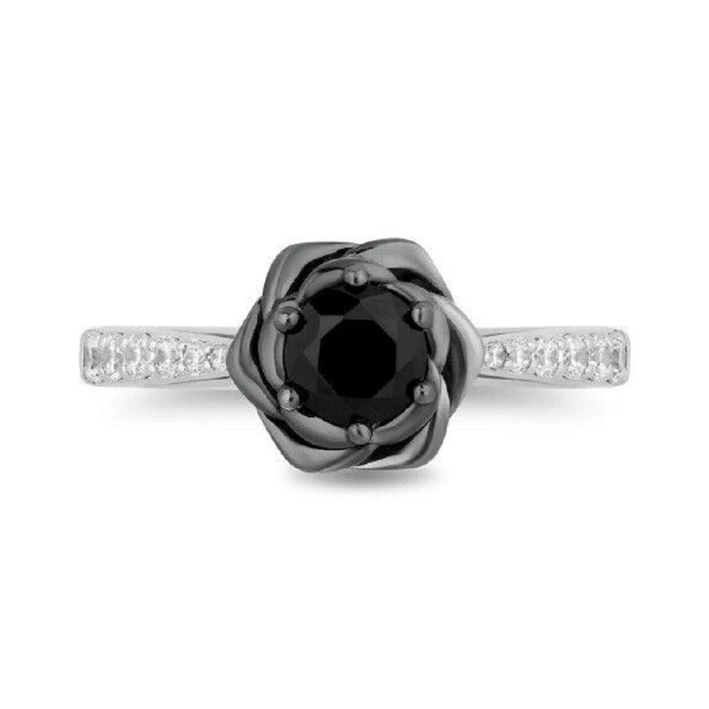 Palaksh Round Cut Black & White Diamond in 14K White Gold Over 925 Sterling Silver Diamond Black Rose Enchanted Engagement Ring for Women