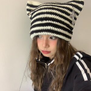 AONUOWE Grunge Beanies Crochet Knitted Hats for Women Girls Fox Cat Ear Goth Emo Alt Y2K Accessories Grunge Clothes (One Size,Grey)