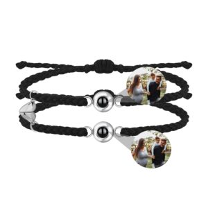 Godchoices Custom Photo Bracelet Personalized Photo Projection Bracelet Couple Photo Bracelet with Picture Inside Circle Matching Couple Projection Bracelets for Women Men