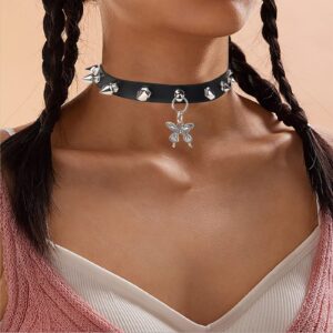 TIDOO Goth Black Choker Collar Necklace Cute Leather Chokers Sexy Butterfly Moth Pendant Chocker Punk Spiked Choker Lolita Maid Cat Collar Set for Women (Butterfly)