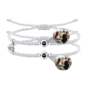 Godchoices Custom Photo Bracelet Personalized Photo Projection Bracelet Couple Photo Bracelet with Picture Inside Circle Matching Couple Projection Bracelets for Women Men