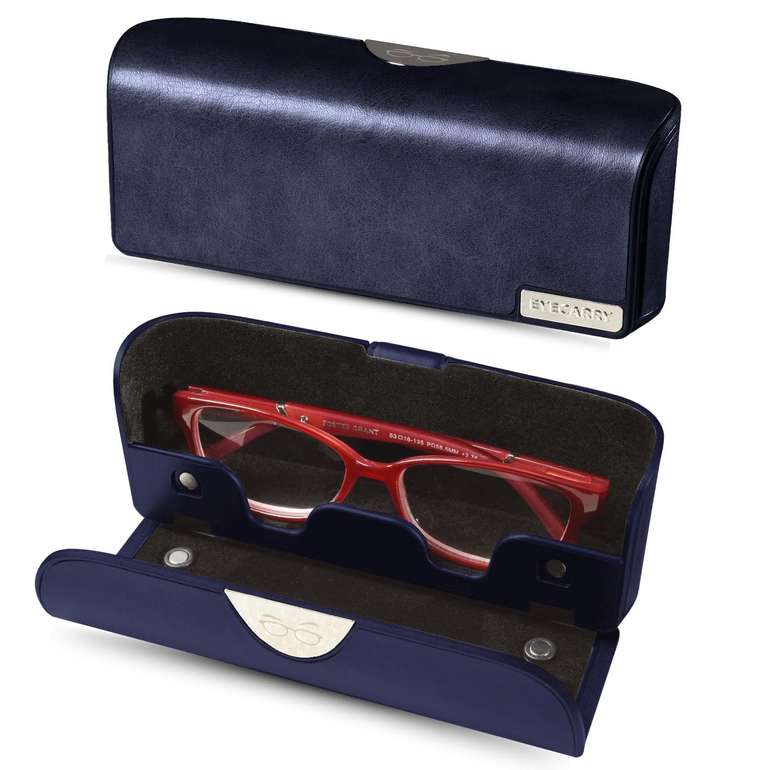 EYECARRY Deep Navy Eyeglasses Case, Soft Vegan Leather Glasses Holder, Patented Open Face Design For Easy One-Handed Access, Hard Shell Case For Men or Women Sunglasses, Reading Glasses & More