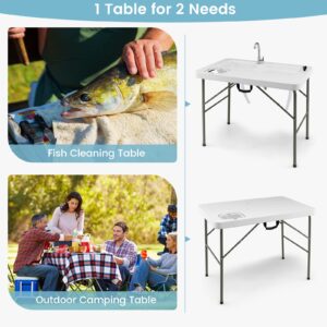 Goplus Folding Fish Cleaning Table with Dual Water Basins, Heavy Duty Fillet Table with Hose Hook Up, Sink and Faucet, Portable Outdoor Camping Sink Station for Dock Beach Patio Picnic, 40''