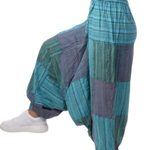 PEACH PEBBLE Harem Pants Unisex, Hippie 100% Cotton Soft Yoga Boho Trousers, Hippie Colorful Patchwork Pants Men Women Casual Fashion Aladdin Dhoti Stoned Washed Drop Crotch pare Cotton - Blue Turtle