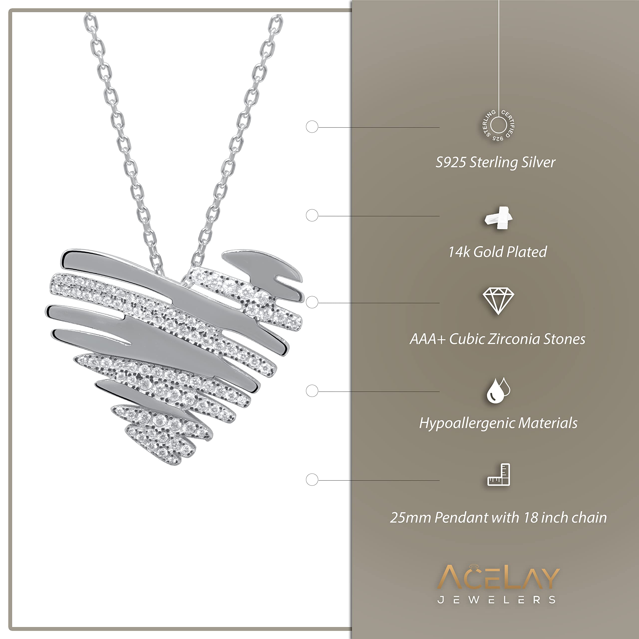 AceLay Necklaces for Women,14K Gold Plated Heart Necklace,18" Chain,Solid 925 Sterling Silver Heart Necklace with AAA+ Cubic Zirconia, Sterling Silver, Cubic Zirconia